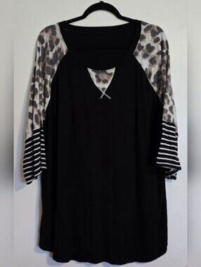 Womens 3XL Black Leopard Print Raglan Top 3/4 Sleeve Plus Size